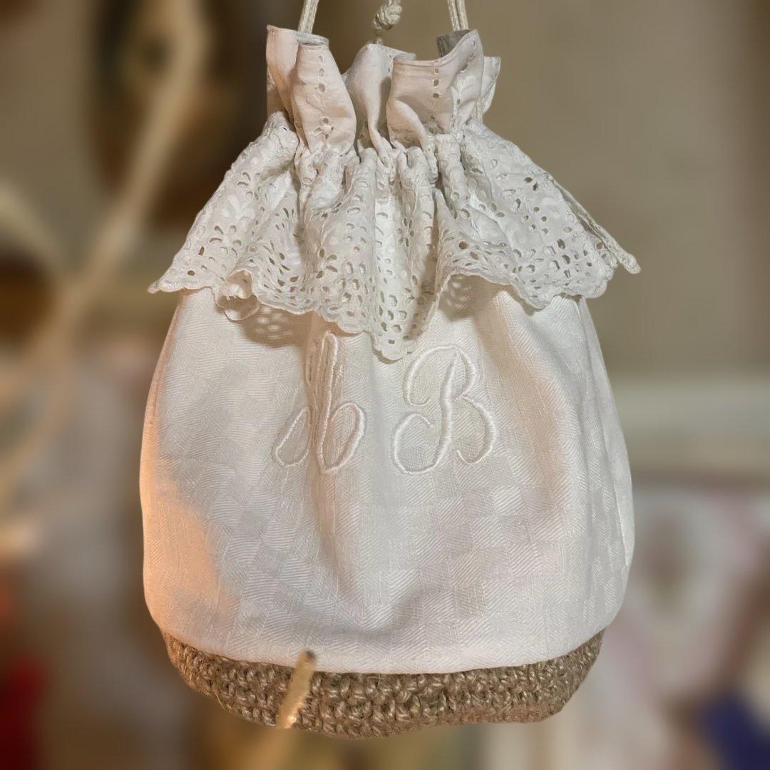 フランスアンティークリメイクモノグラム巾着袋　pochette