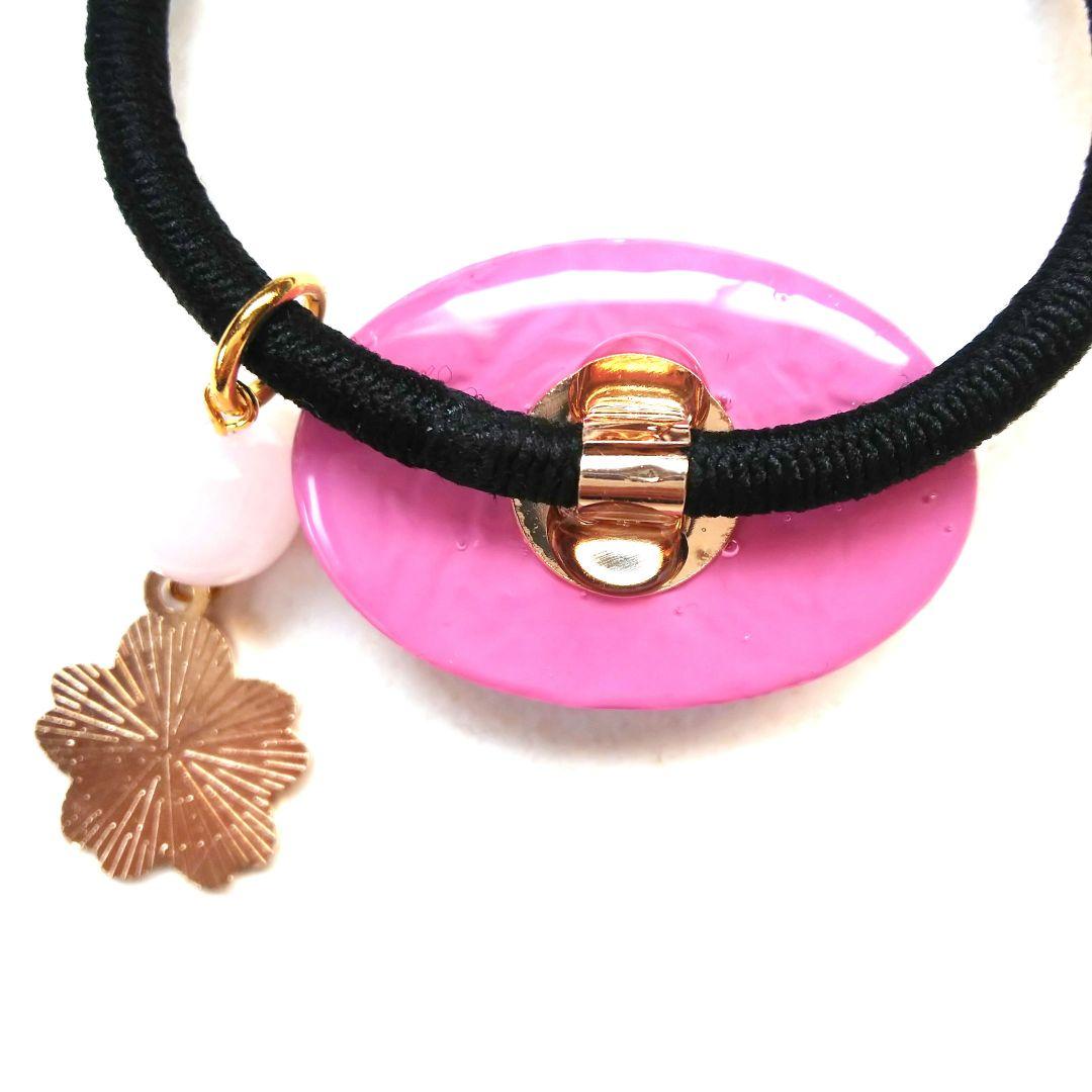 ヘアゴム レジン オーバル型 天然石ローズクォーツと桜とお花