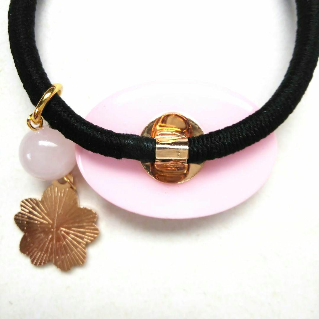 ヘアゴム レジン オーバル型 天然石ローズクォーツと桜とお花