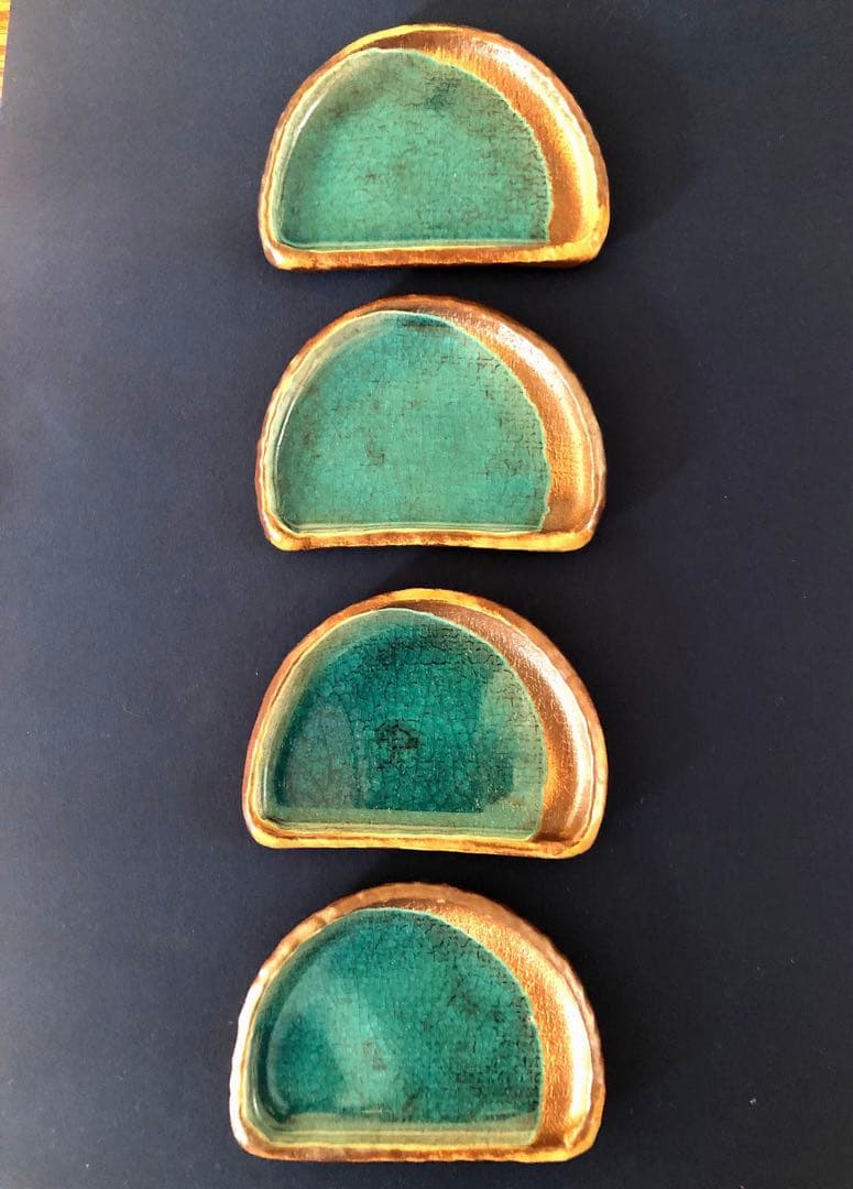 九谷焼　彩流　苧野憲夫作 八角皿・半月皿 青緑釉 金継ぎ風5点