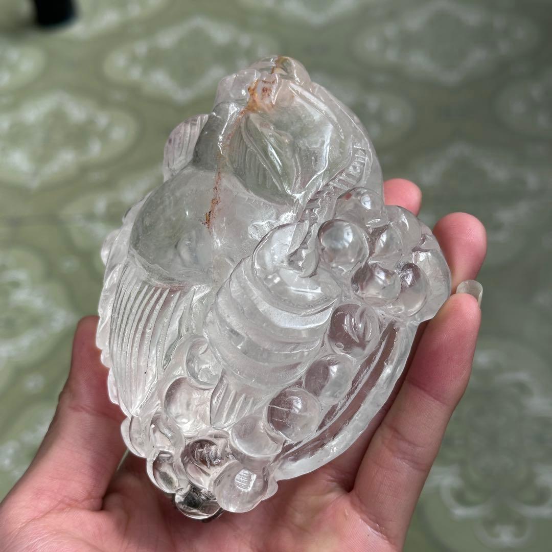 天然石ガーデンクォーツ共生水晶の銭蛙　置物　彫り物G.804