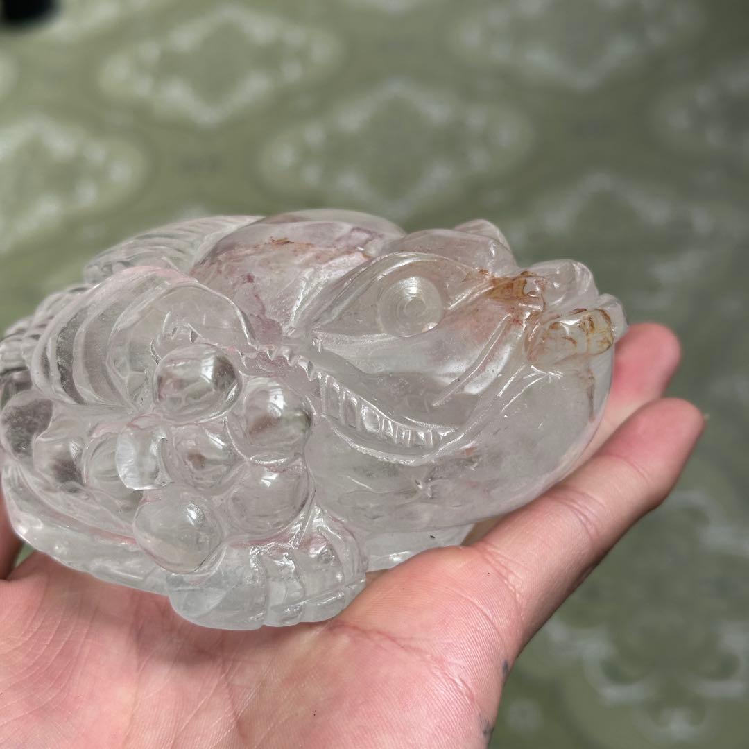 天然石ガーデンクォーツ共生水晶の銭蛙　置物　彫り物G.804