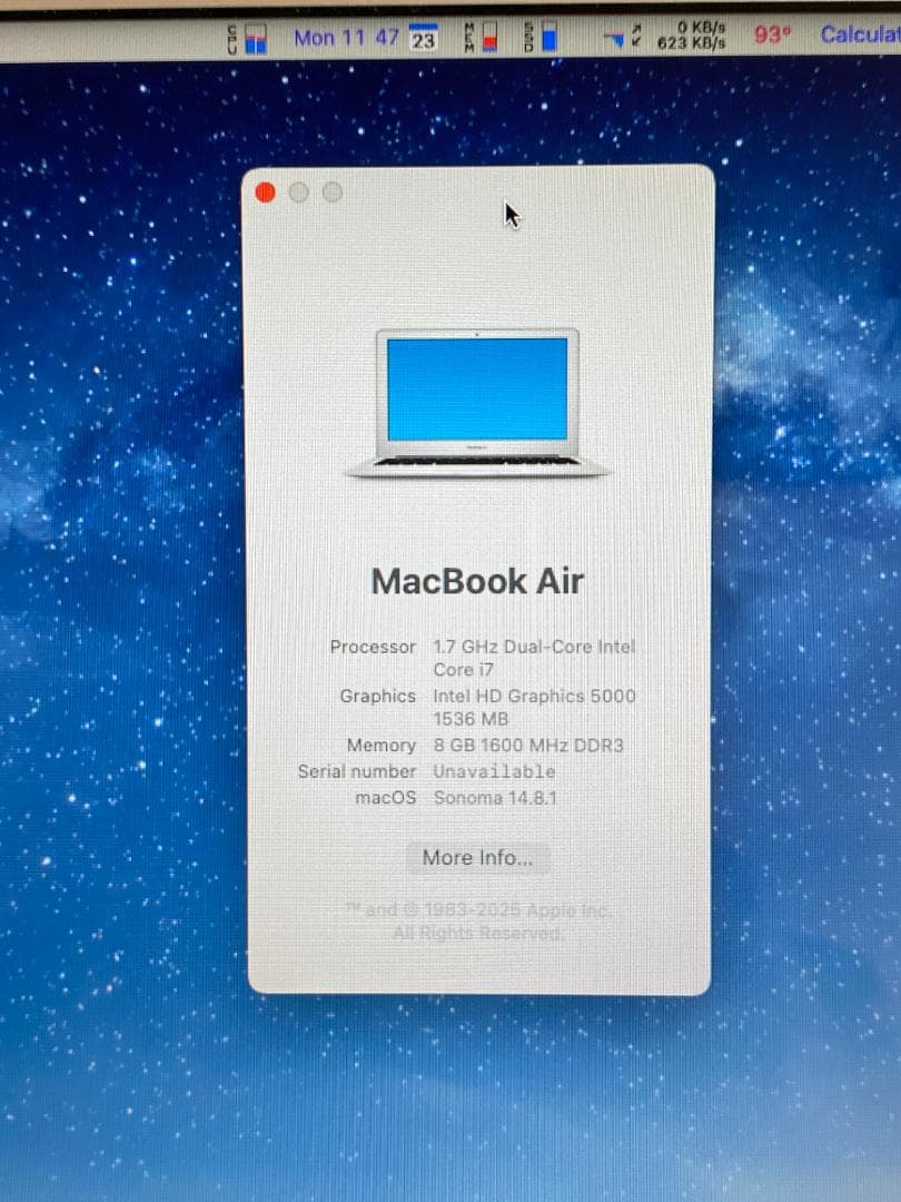 MacBook本体 MacBook Air 11\" Mid2013 1.7GHz 8GB 128GB