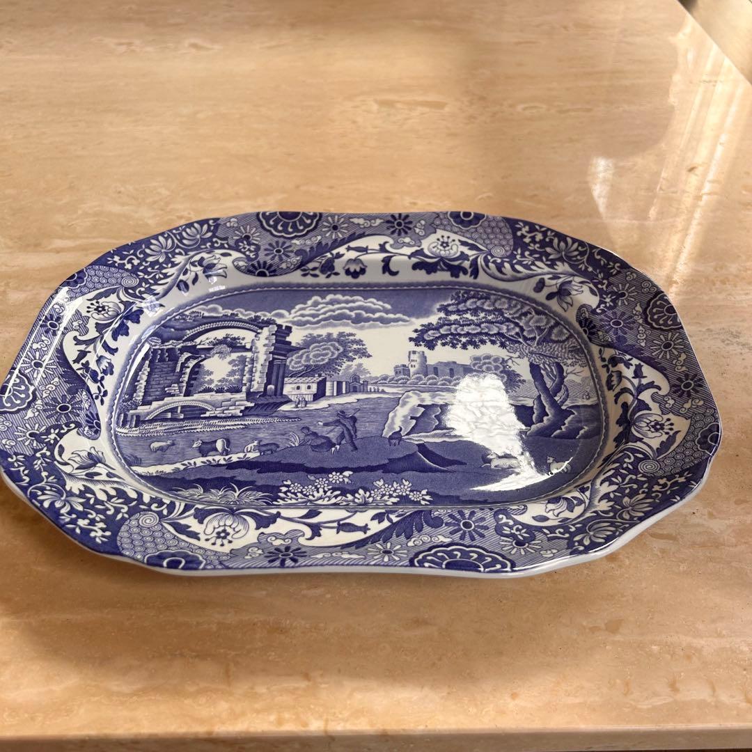 英国製ヴィンテージ　スポード　ブルーイタリアン　大皿　31.5×24×3.5cm