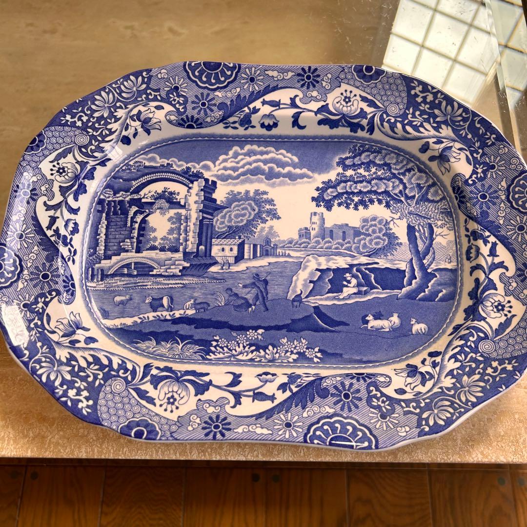 英国製ヴィンテージ　スポード　ブルーイタリアン　大皿　31.5×24×3.5cm