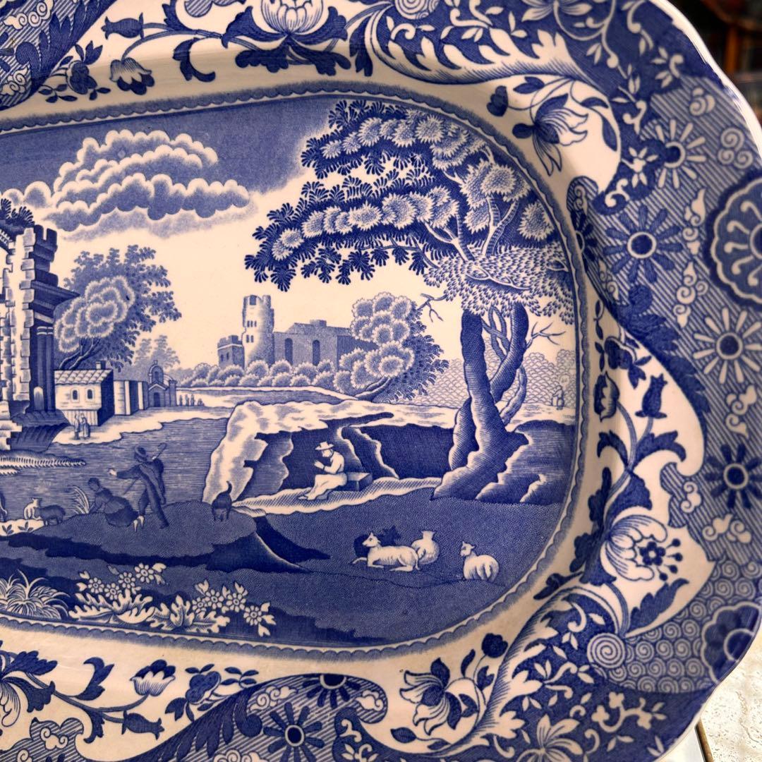 英国製ヴィンテージ　スポード　ブルーイタリアン　大皿　31.5×24×3.5cm