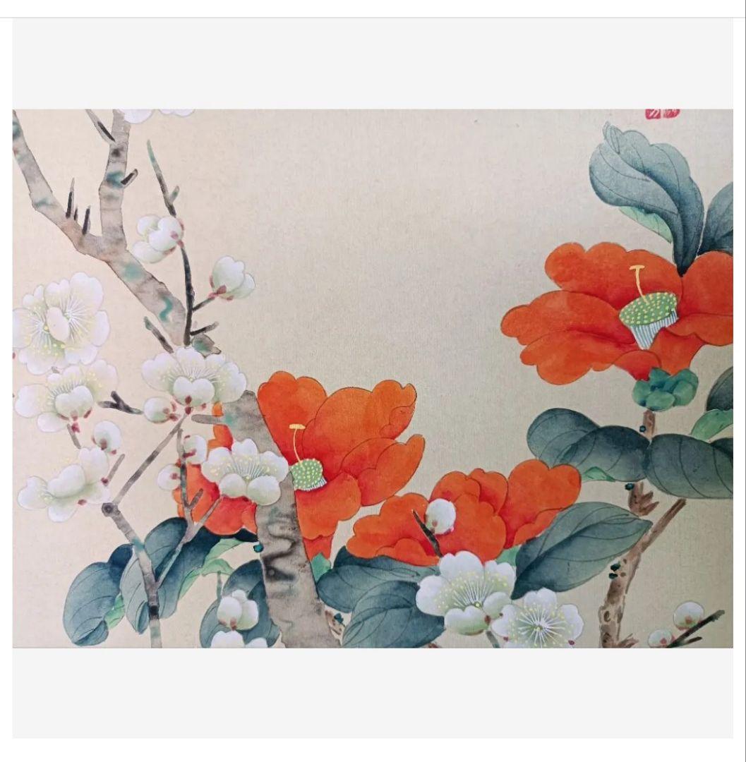 秀芳 幸せを運ぶ☘ルリビタキ桜椿画 共箱付き 花鳥 掛け軸 茶 和室 インテリア