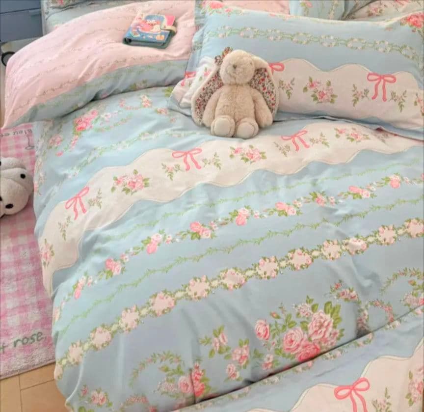 新品★薔薇小花ガーランド可憐リボン柄綿100%シングル掛け布団カバー枕カバー3点