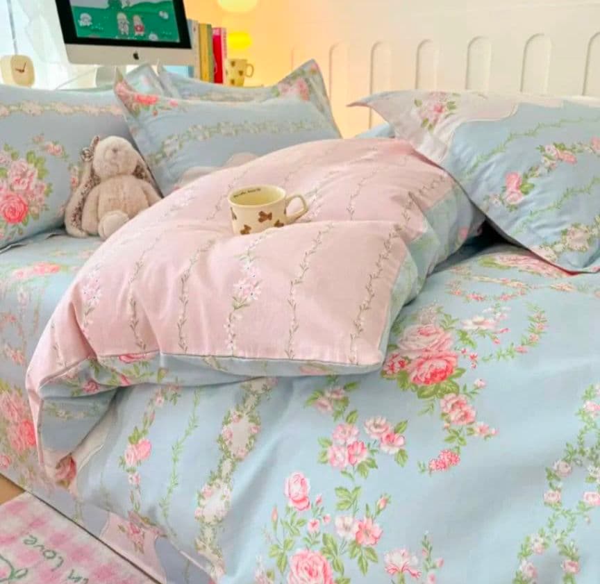 新品★薔薇小花ガーランド可憐リボン柄綿100%シングル掛け布団カバー枕カバー3点