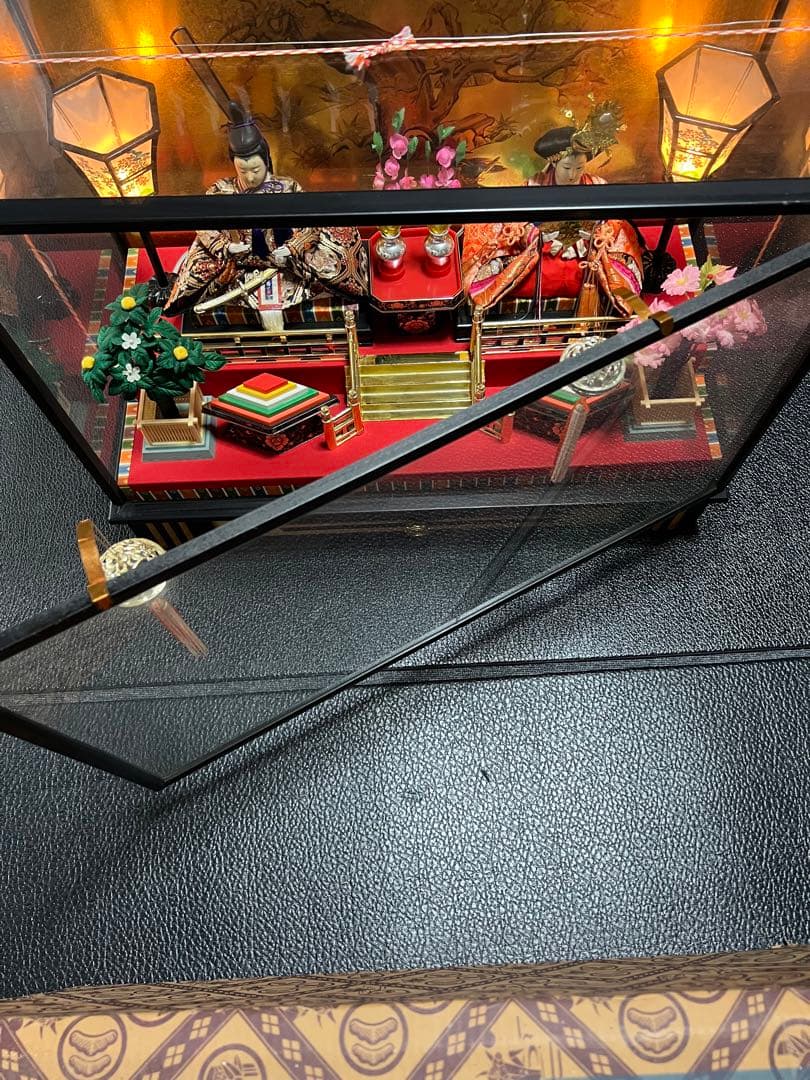 雛人形　親王飾　2人飾り　ガラスケース　オルゴール　元箱有　75×58×36cm