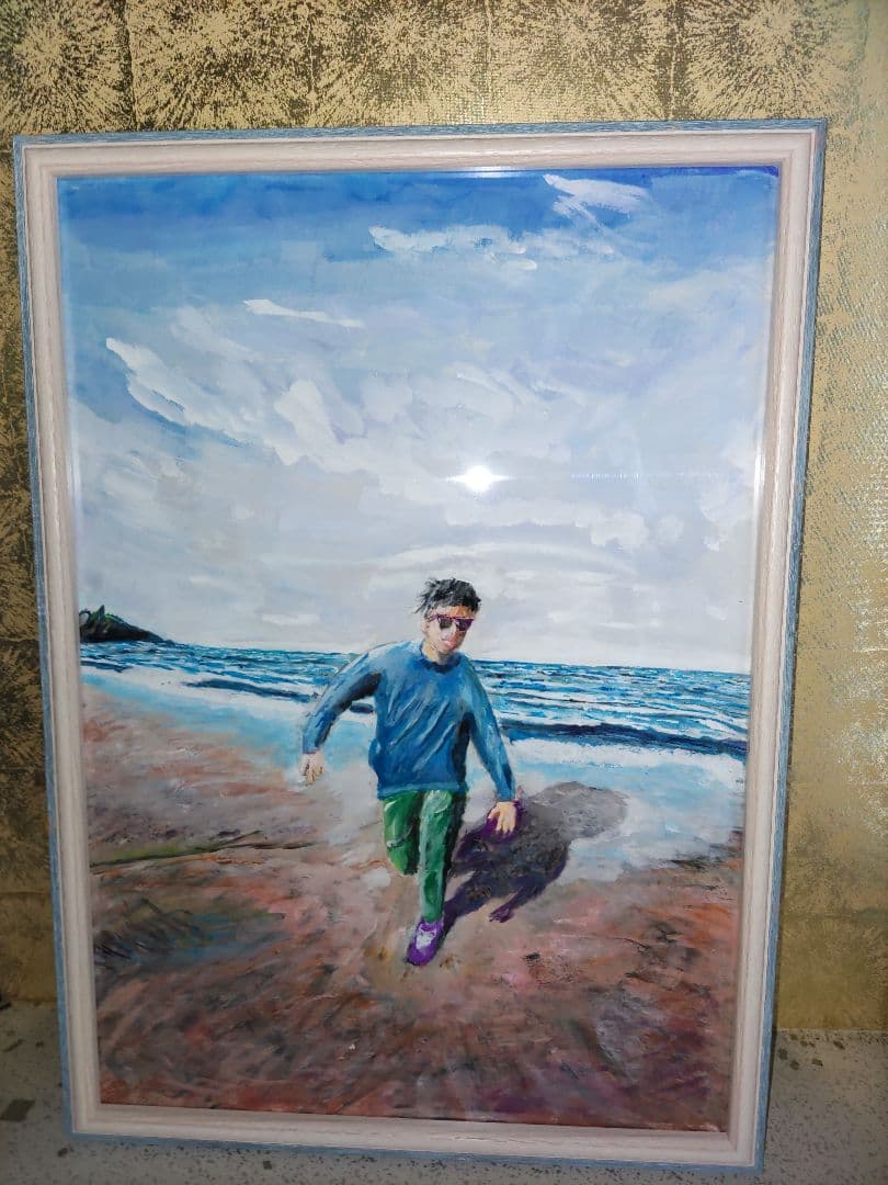 オリジナル絵画 八つ切サイズ アクリル画 砂浜を走る人物