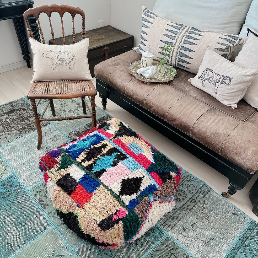 モロッコのヴィンテージプフ18 ボシャルウィット ピンク ブルー グリーン