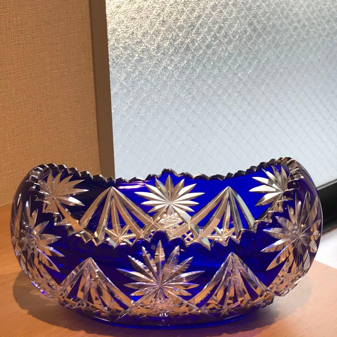 極希少抜群の存在感！サンルイSt Louis美しい青色被せ大型切子鉢★1930年