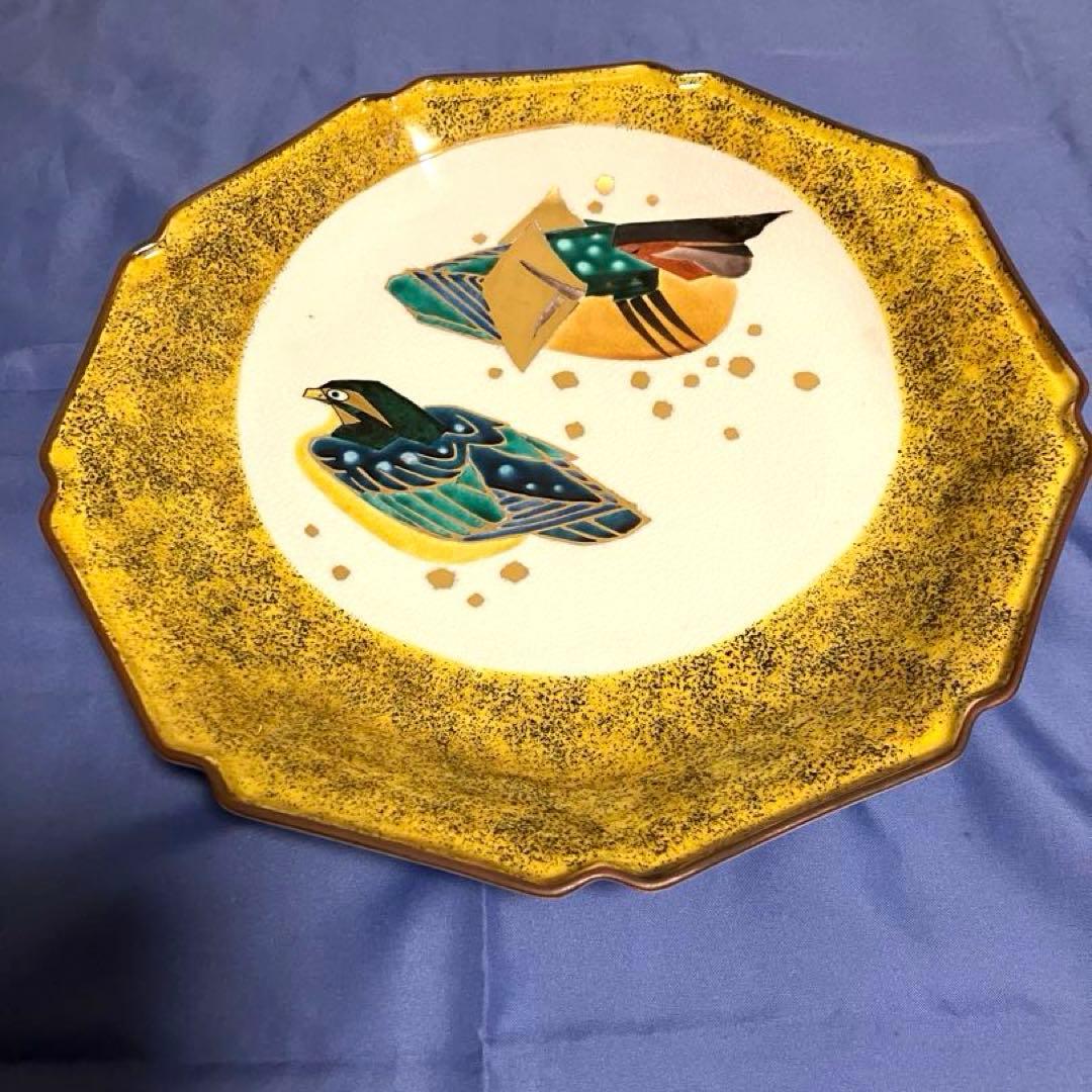⭐️九谷焼 政山 ◆大皿　九谷焼/政山造 おしどり飾皿(皿立付) アンティーク