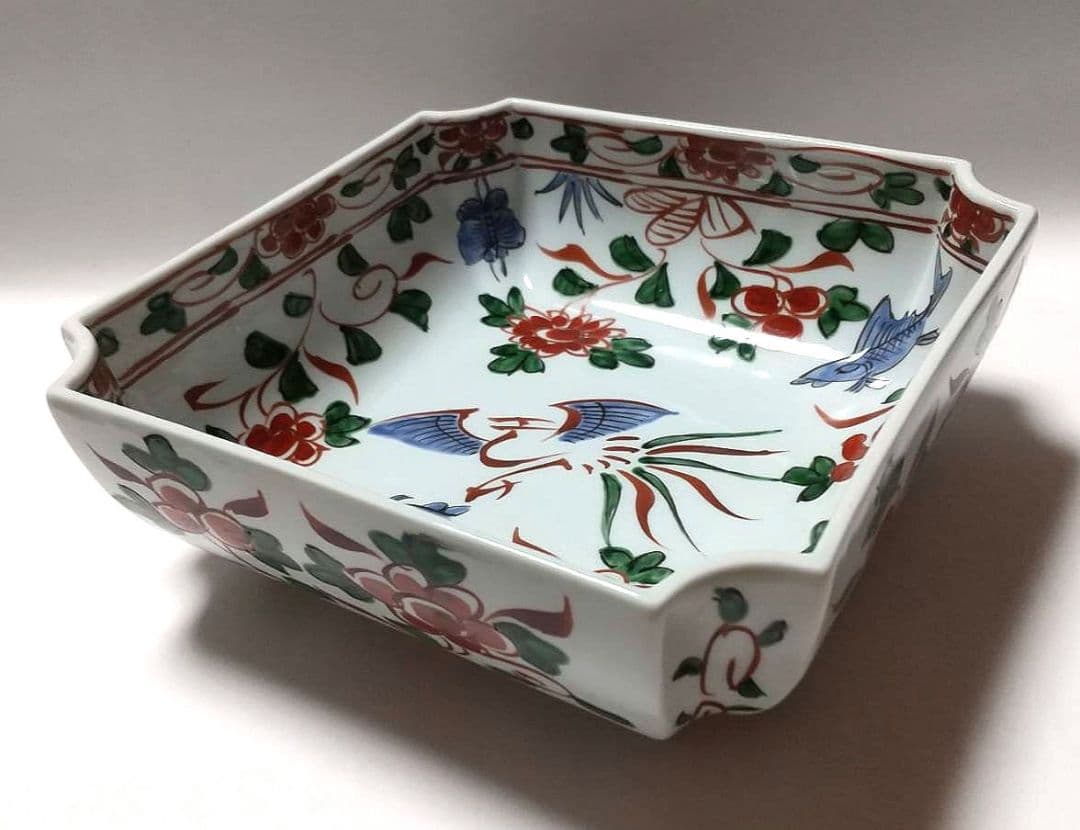 源右衛門窯 赤呉須花鳥図 角鉢 未使用品 共箱