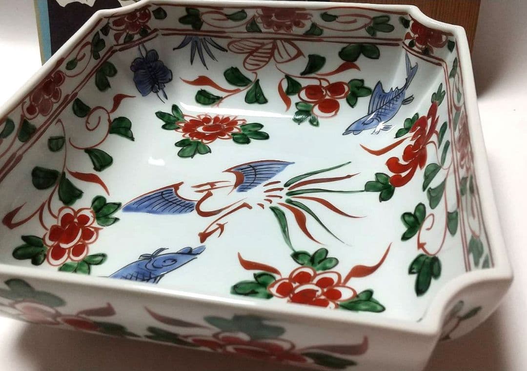 源右衛門窯 赤呉須花鳥図 角鉢 未使用品 共箱
