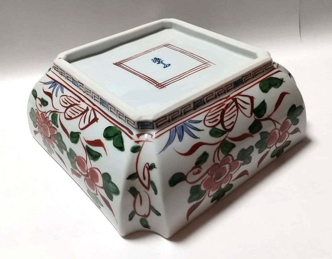 源右衛門窯 赤呉須花鳥図 角鉢 未使用品 共箱