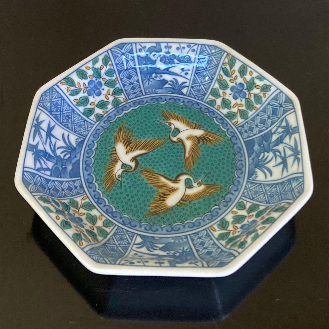 九谷焼 青郊窯 九谷青郊 美品 吉祥文 八角皿 銘々皿 15cm 5枚揃