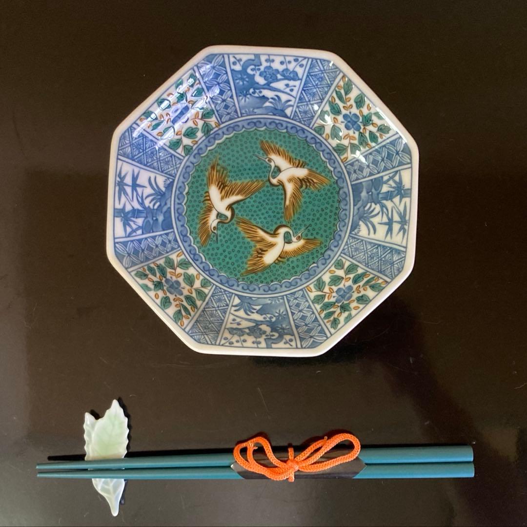 九谷焼 青郊窯 九谷青郊 美品 吉祥文 八角皿 銘々皿 15cm 5枚揃