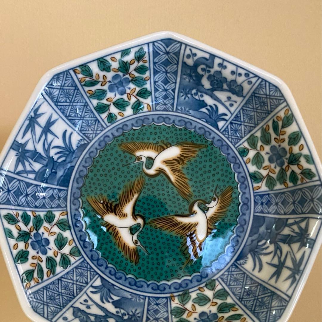 九谷焼 青郊窯 九谷青郊 美品 吉祥文 八角皿 銘々皿 15cm 5枚揃