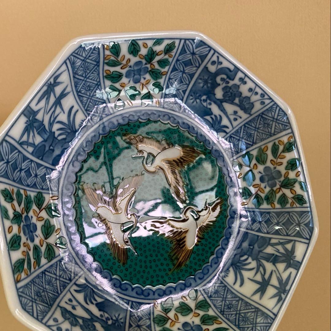 九谷焼 青郊窯 九谷青郊 美品 吉祥文 八角皿 銘々皿 15cm 5枚揃