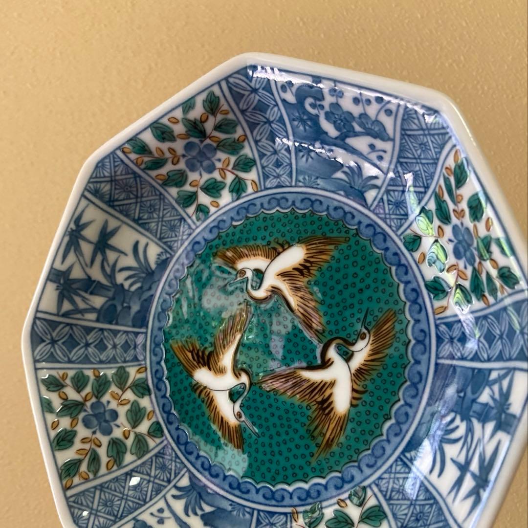 九谷焼 青郊窯 九谷青郊 美品 吉祥文 八角皿 銘々皿 15cm 5枚揃