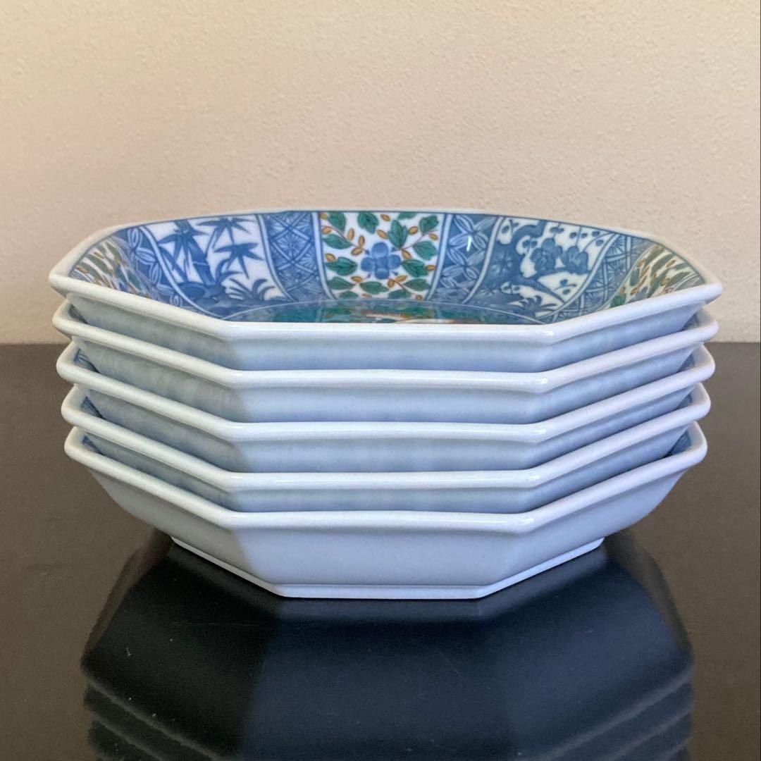 九谷焼 青郊窯 九谷青郊 美品 吉祥文 八角皿 銘々皿 15cm 5枚揃