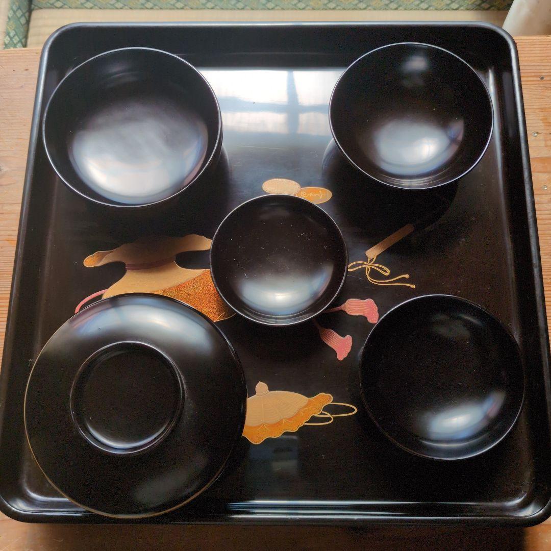漆器製　黒　膳セット　お盆付き　計5セット