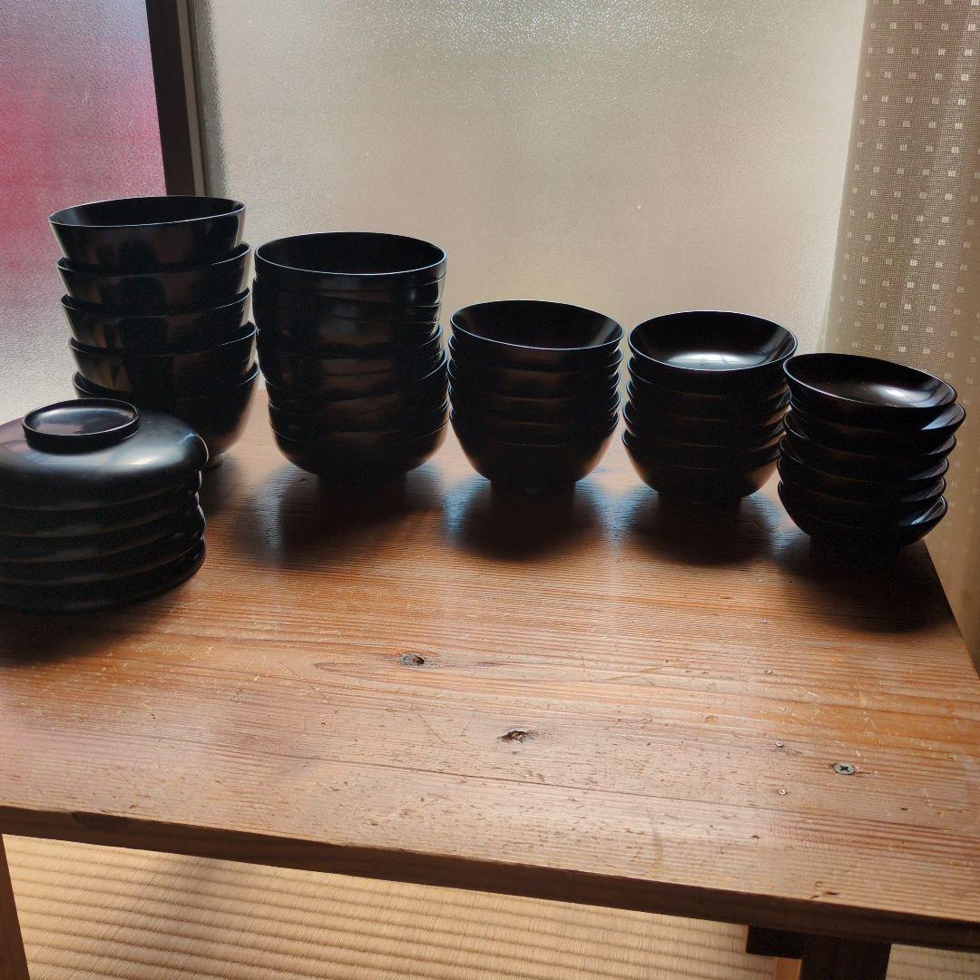 漆器製　黒　膳セット　お盆付き　計5セット