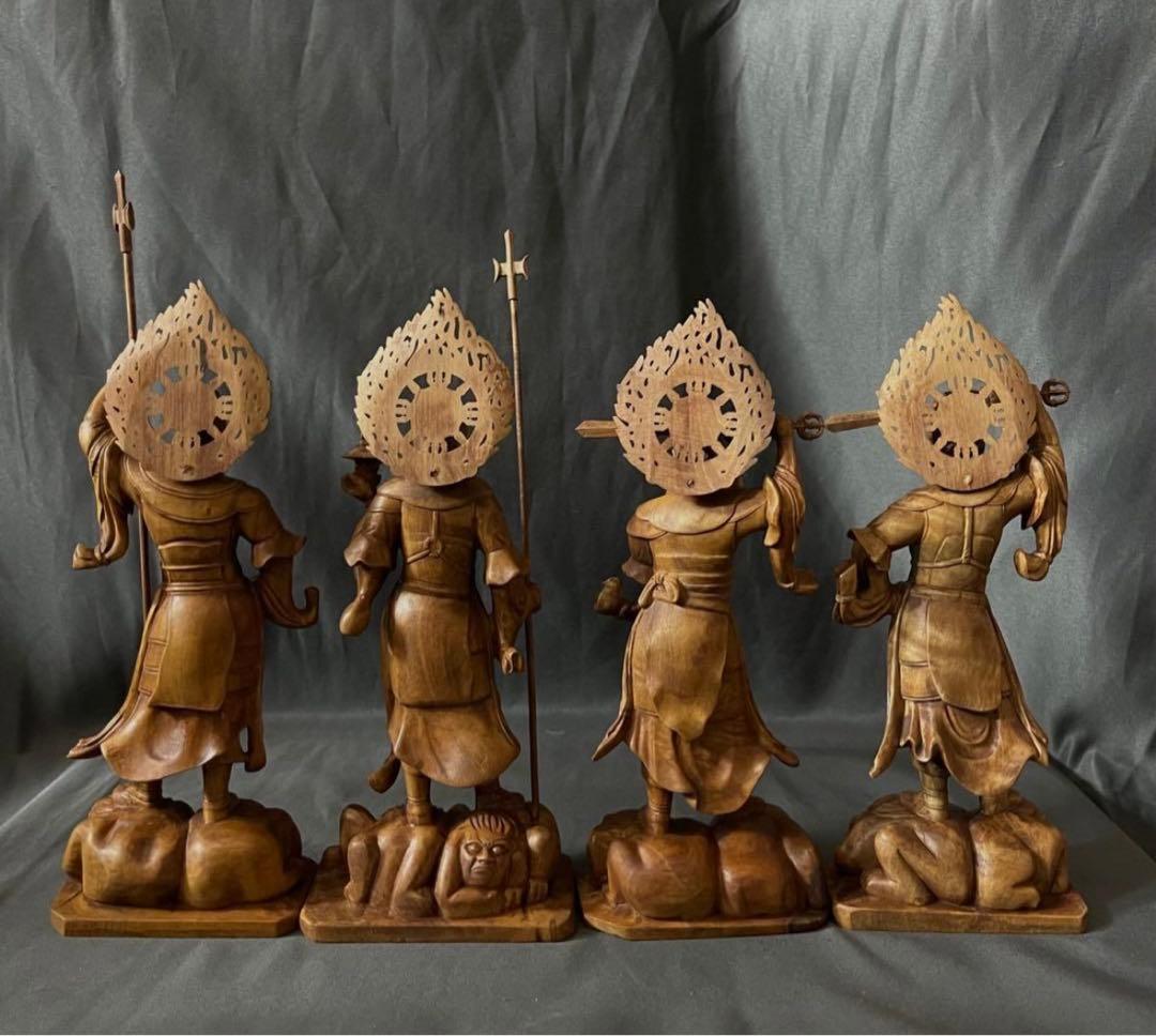 総柘植材　仏教工芸品　時代彫刻　一刀彫　極上彫　木彫仏像　四天王立像