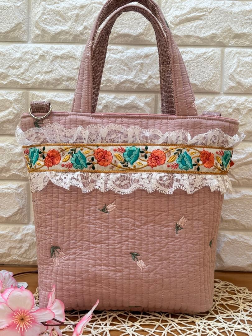 ね*】様 コヤンイサムチョン　イブル刺繍キルト&リバティ&インド刺繍リボンバッグ