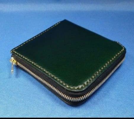 レザークラフト コードバン革 深緑色 L字ファスナー折り財布 【受注後製作】