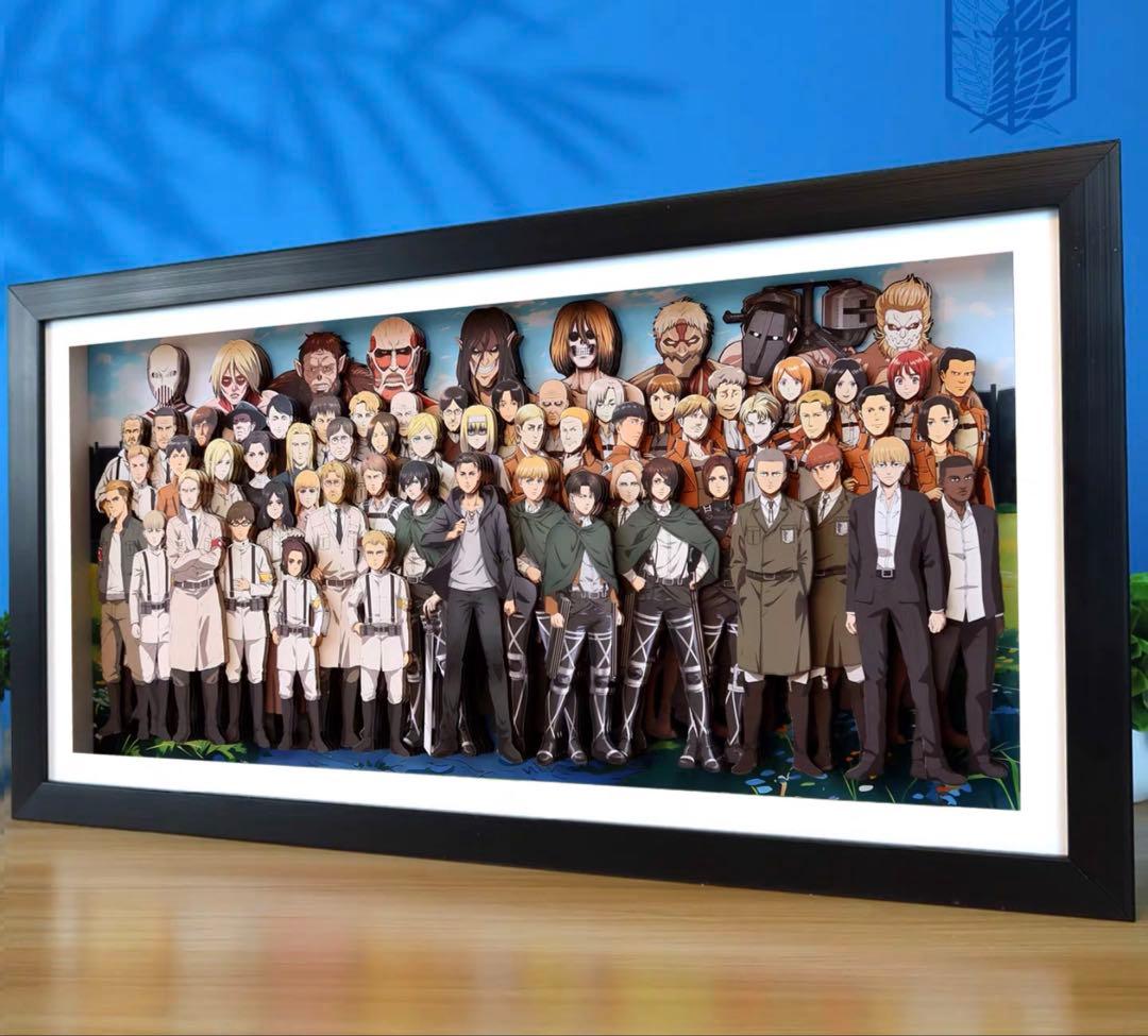 進撃の巨人　立体 3D ポスター 切り絵アート 黒色フレーム