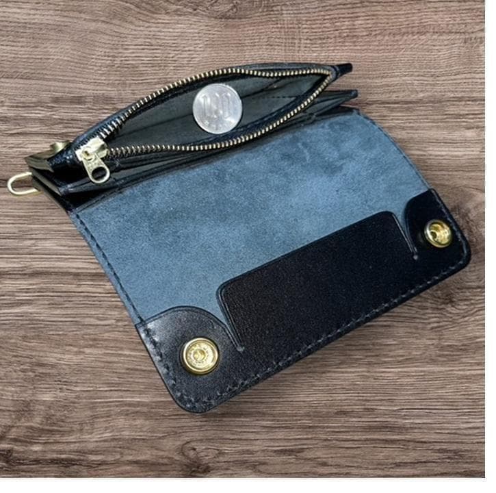 ⑥ミドルトラッカーウォレット/栃木レザー黒色/ホック真鍮/小判カン真鍮