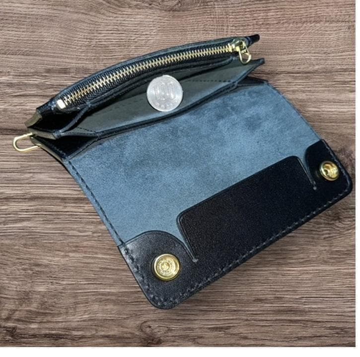 ⑥ミドルトラッカーウォレット/栃木レザー黒色/ホック真鍮/小判カン真鍮