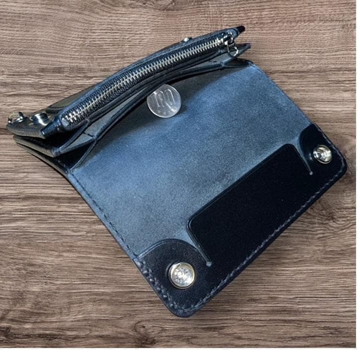 ⑥ミドルトラッカーウォレット/栃木レザー黒色/ホック真鍮/小判カン真鍮