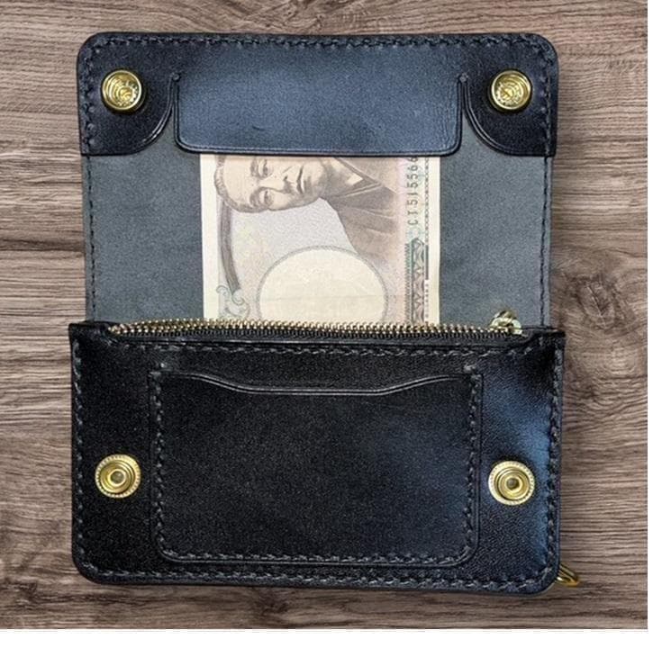 ⑥ミドルトラッカーウォレット/栃木レザー黒色/ホック真鍮/小判カン真鍮