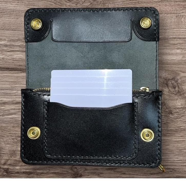 ⑥ミドルトラッカーウォレット/栃木レザー黒色/ホック真鍮/小判カン真鍮