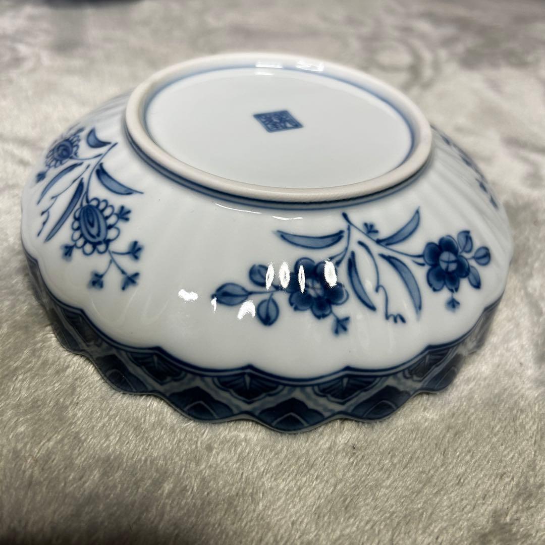 三洋陶器 龍峰窯 花鳥図 染付 中鉢揃 4枚セット 輪花皿 更紗 古伊万里様式