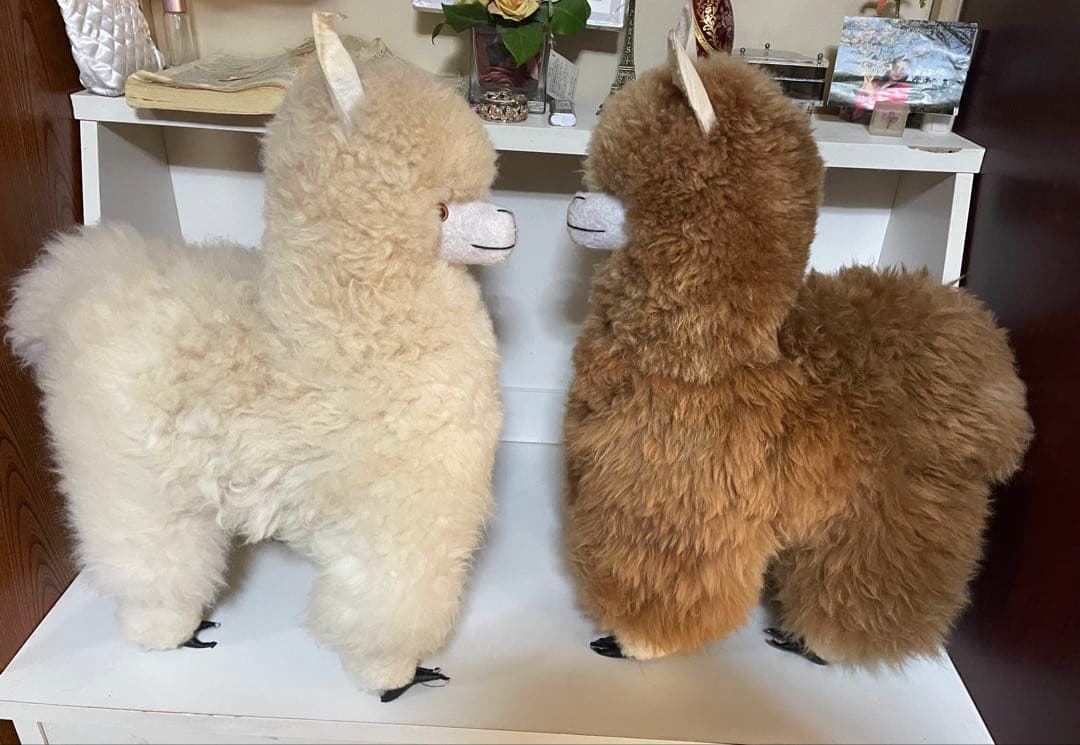 アルパカのぬいぐるみ 2体セット。 アルパカ立ち手作りペルーアルパカ。白・茶色