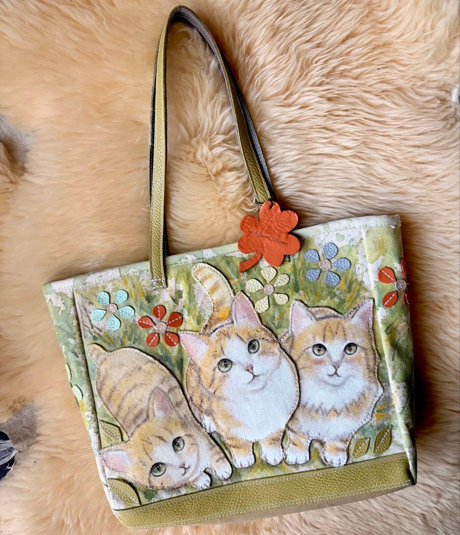 (手づくり)\"やぁ、こんにちは\"ねこたちのトートバッグ/アップリケパッチワーク