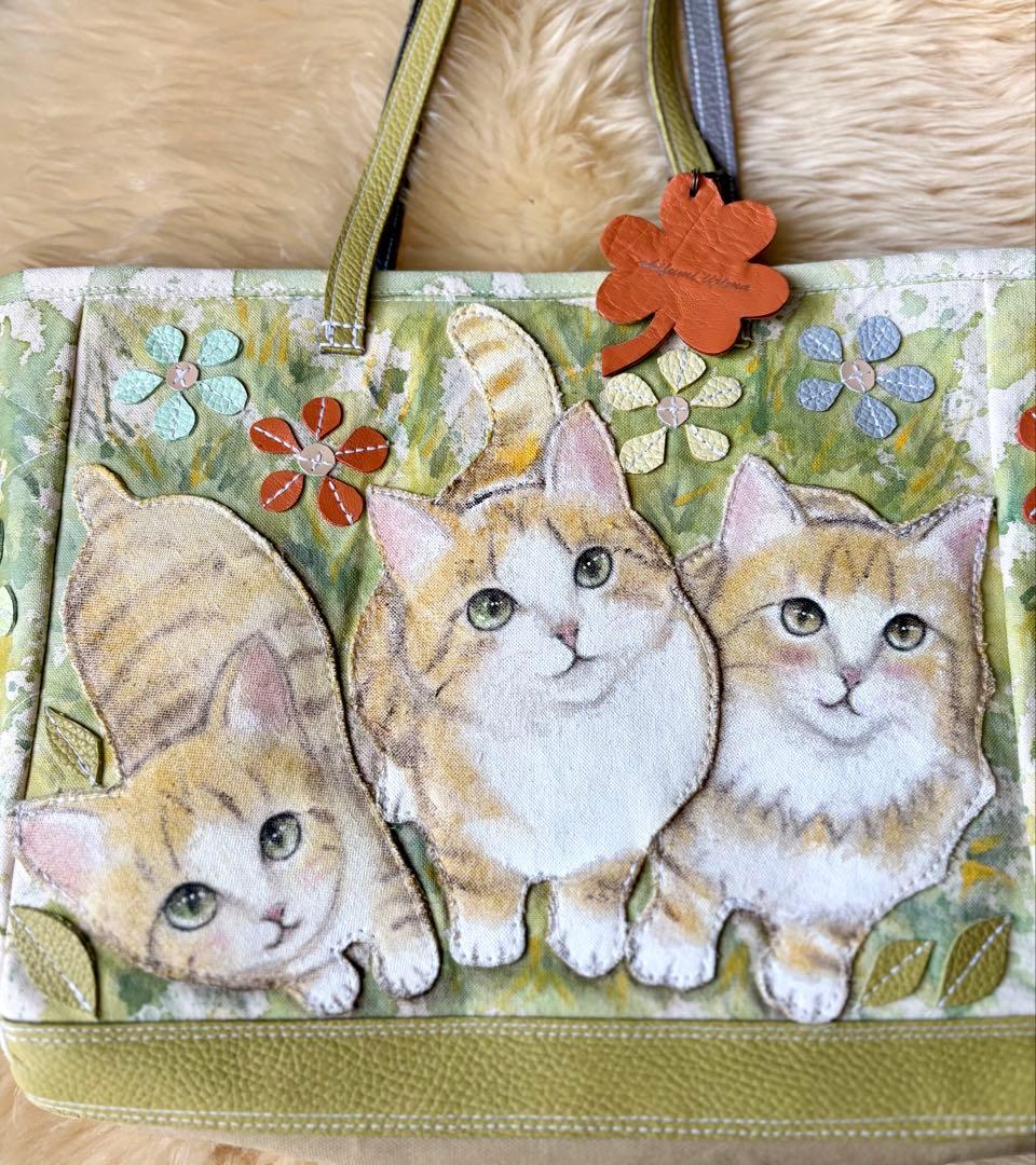 (手づくり)\"やぁ、こんにちは\"ねこたちのトートバッグ/アップリケパッチワーク