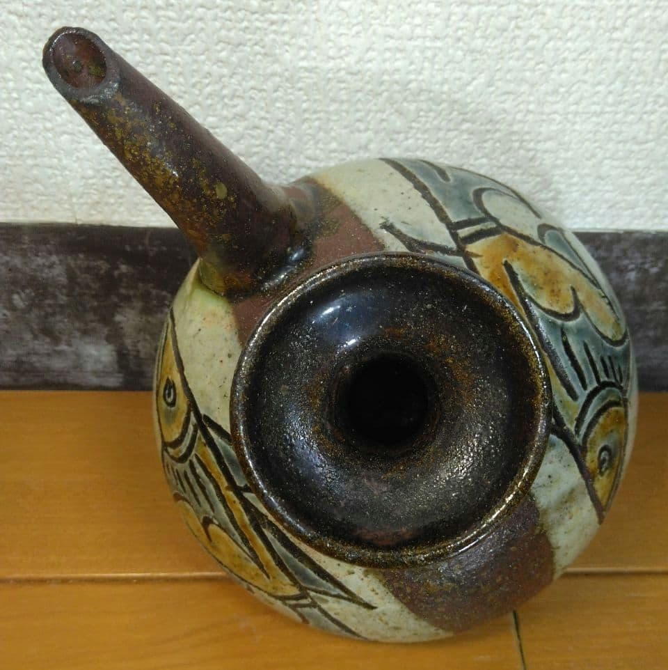 人間国宝 金城次郎 カラカラ(魚紋カラカラ) 栞 共箱 やちむん 壷屋焼 大きめ