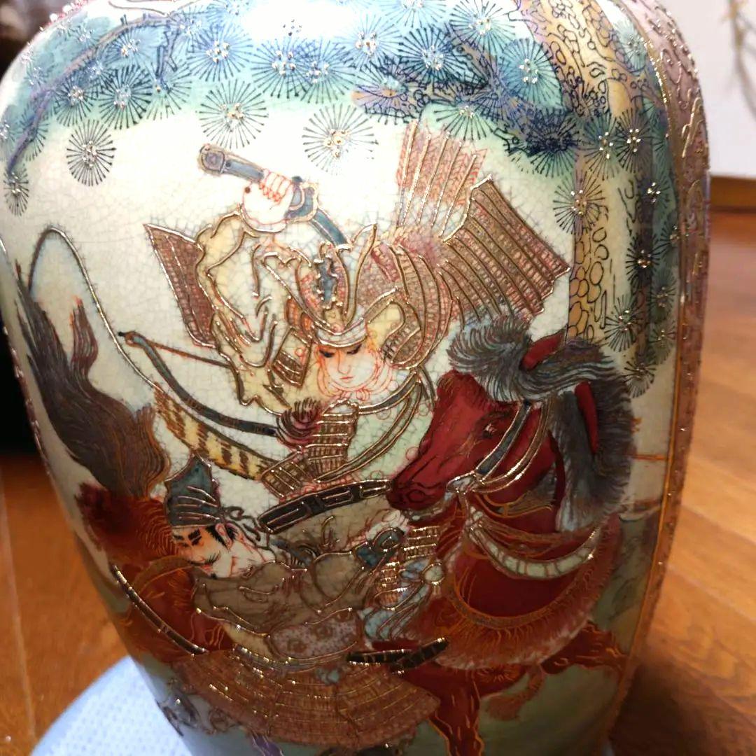 薩摩焼　古薩摩金襴手彩色　戦国武将図柄　大花瓶　古美術