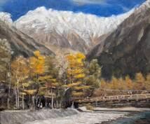 【真作】絵画　油彩10号　晩秋の河童橋　上高地風景画　穂高連峰を望む　Y31