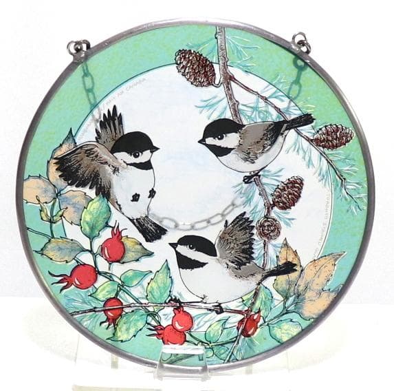 3匹のアメリカコガラ ヴィンテージ ステンドグラス 松ぼっくり 木の実 トロント