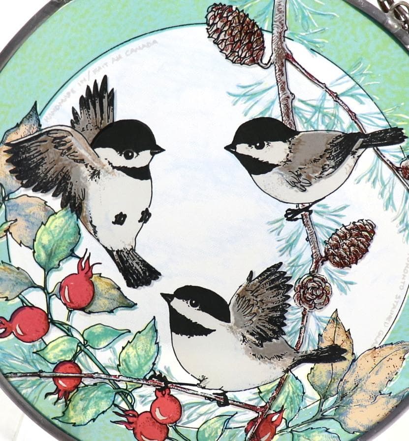 3匹のアメリカコガラ ヴィンテージ ステンドグラス 松ぼっくり 木の実 トロント