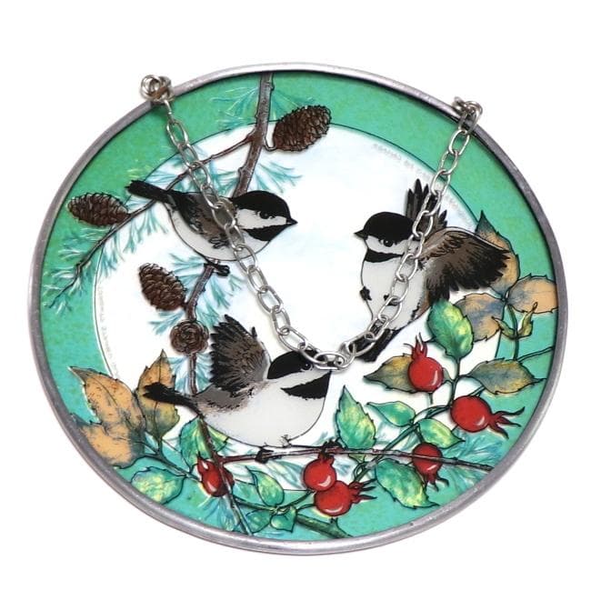 3匹のアメリカコガラ ヴィンテージ ステンドグラス 松ぼっくり 木の実 トロント