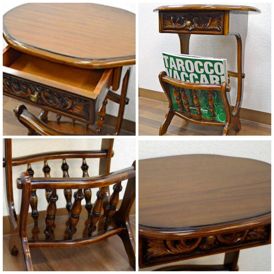 世界最高峰木材　マホガニー仕様　『サイドテーブル&マガジンラック』　手彫り彫刻