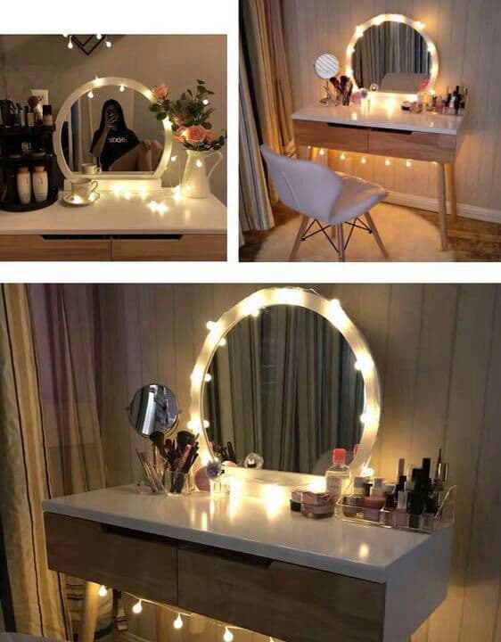 オシャレホワイ木製　ドレッサー　スツール　ライトセット